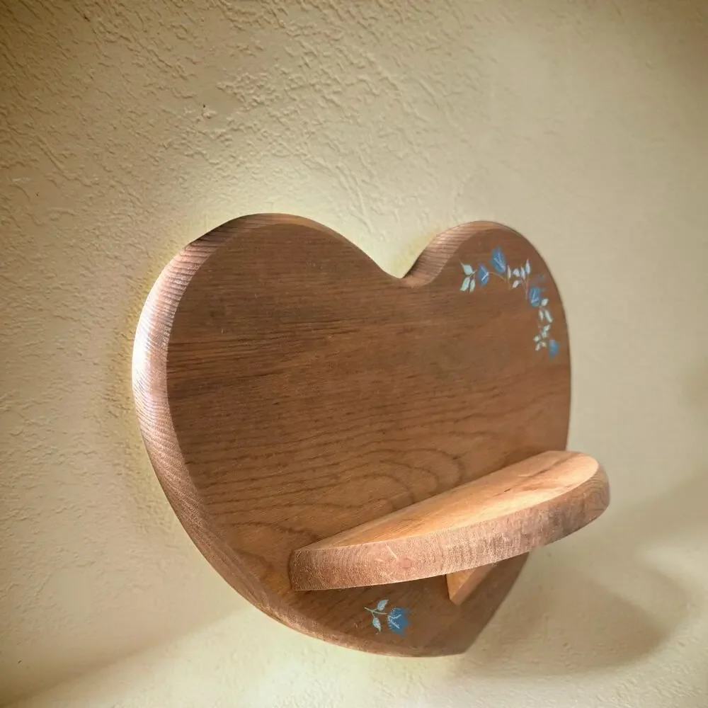 Vintage Wood Heart Wall Shelf Blue Tulip Stencil 1980s Country Cottage Folk Art
